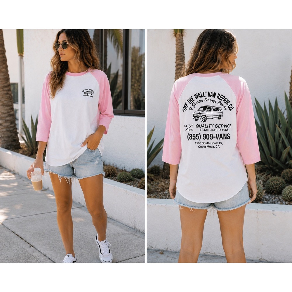 Vans Off The Wall Van Repair Co Raglan Tee Womens M Pink White Graphic Cotton